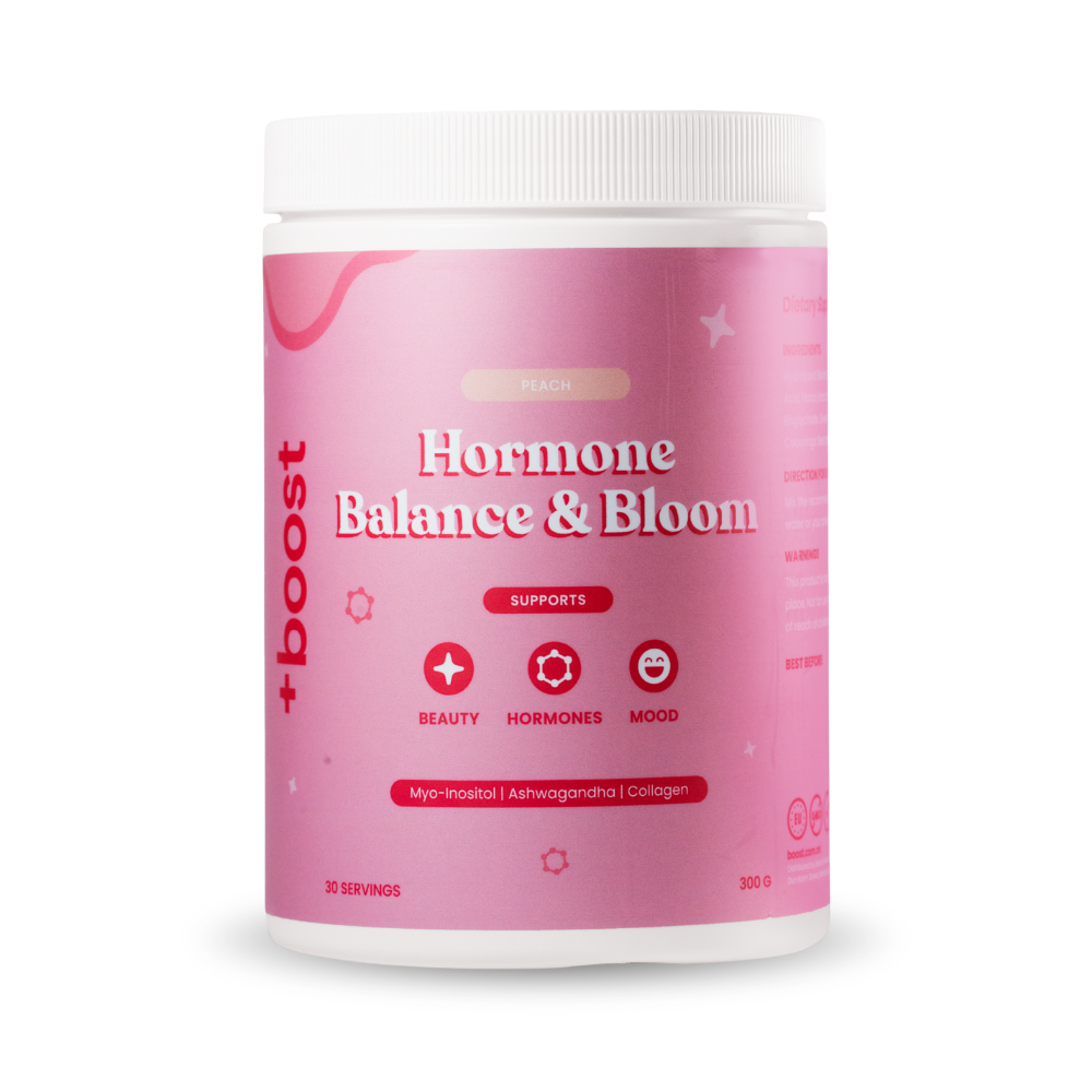 +boost Collagen supplement for hormone balance and skin health, featuring a sleek container with bright, natural design elements.