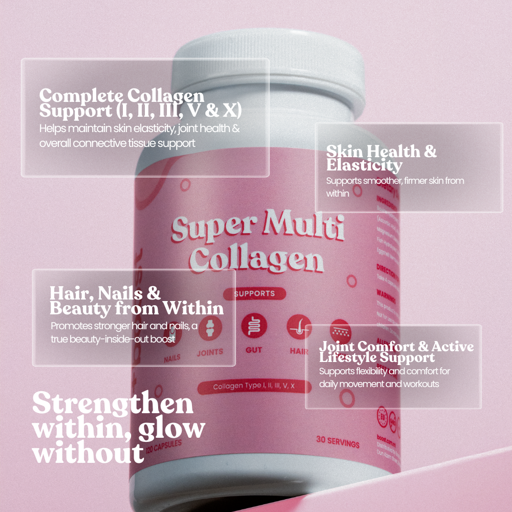 Plusboost Super Multi Collagen Capsules in a bottle, showing the supplement capsules for skin, hair, and joint health.