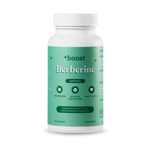 +boost Berberine supplement bottle with label showing product name and capsules inside, natural health product for wellness.