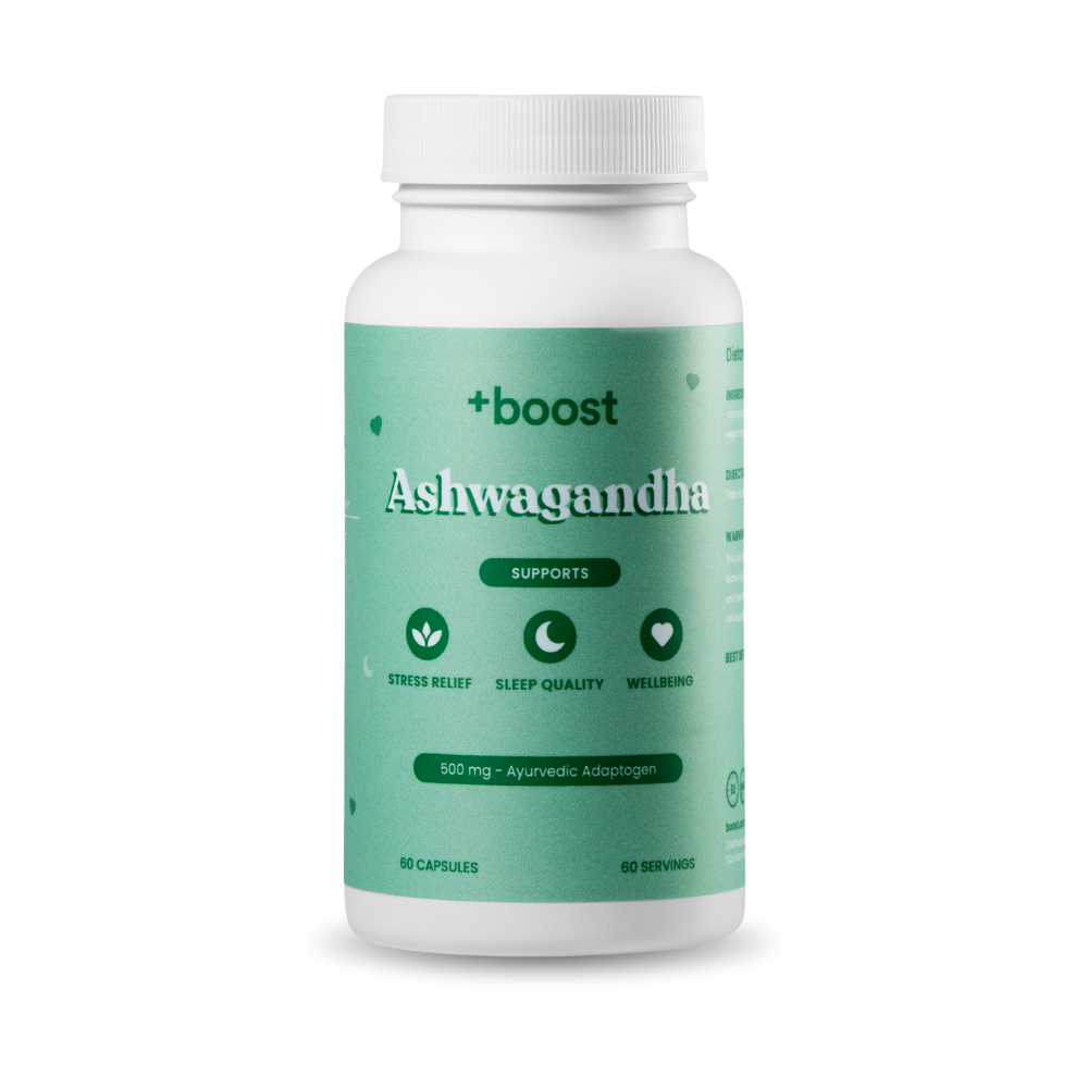 Bottle of +boost Ashwagandha supplement with label showing natural herbal ingredients and brand logo on a white background.