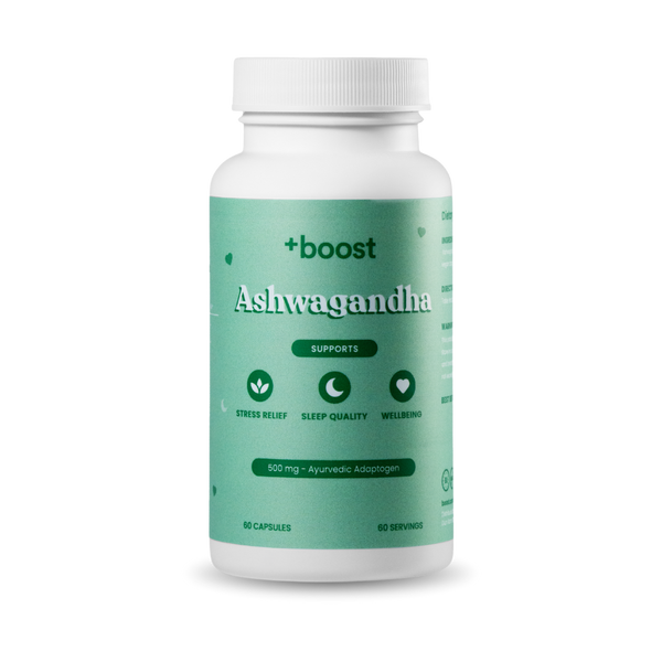 Bottle of +boost Ashwagandha supplement with label showing natural herbal ingredients and brand logo on a white background.
