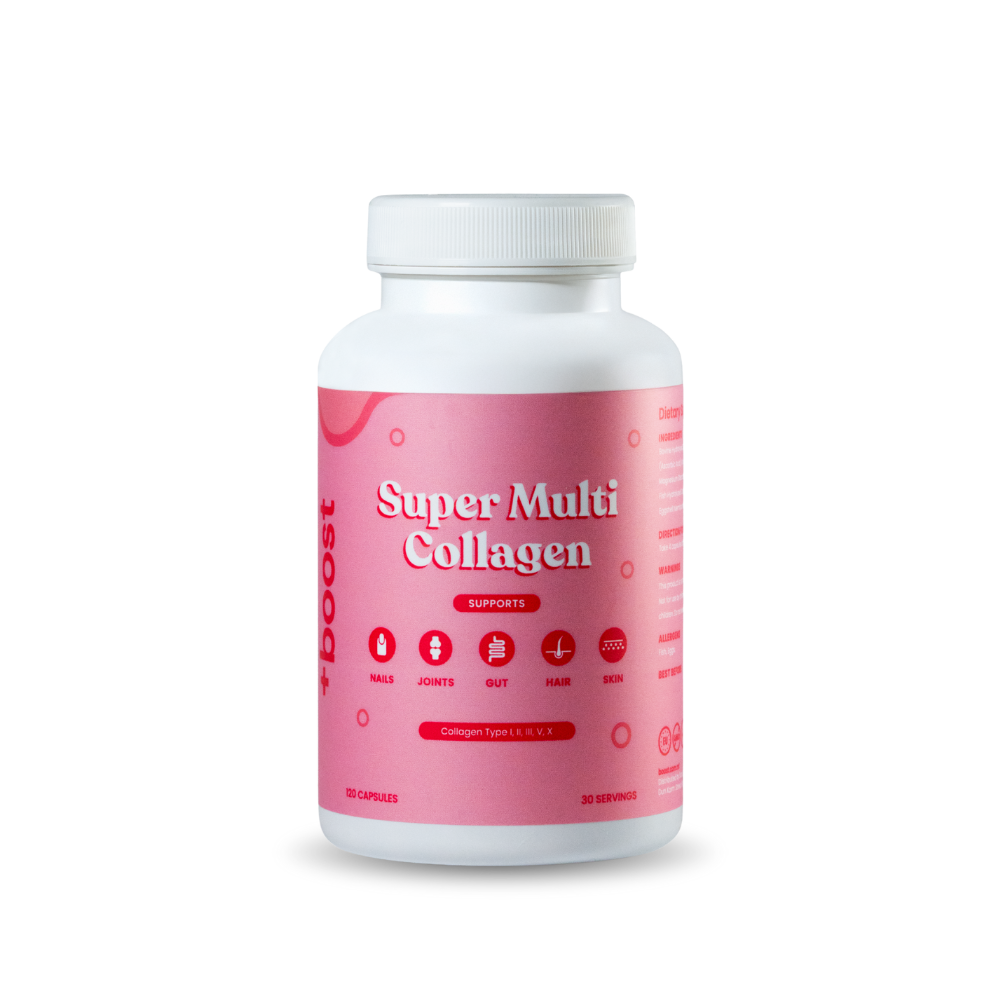 +boost Super Multi Collagen Capsules bottle with capsules visible, promoting skin, hair, and joint health.