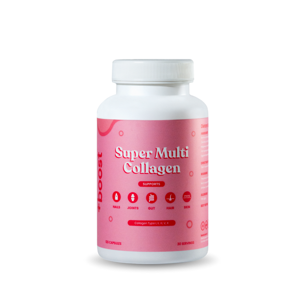 +boost Super Multi Collagen Capsules bottle with capsules visible, promoting skin, hair, and joint health.