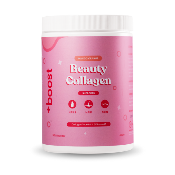 +boost Beauty Collagen supplement bottle with label, showcasing collagen product for skin health and beauty.