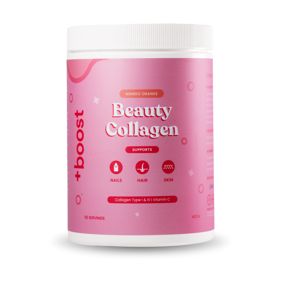 +boost Beauty Collagen supplement bottle with label, showcasing collagen product for skin health and beauty.