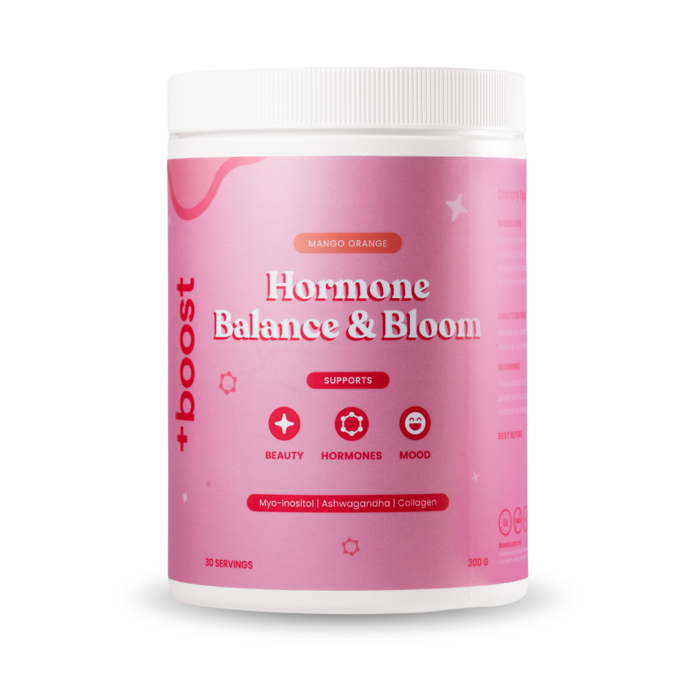 +boost collagen supplement for hormone balance and bloom, showing a container of +boost hormone support collagen capsules.