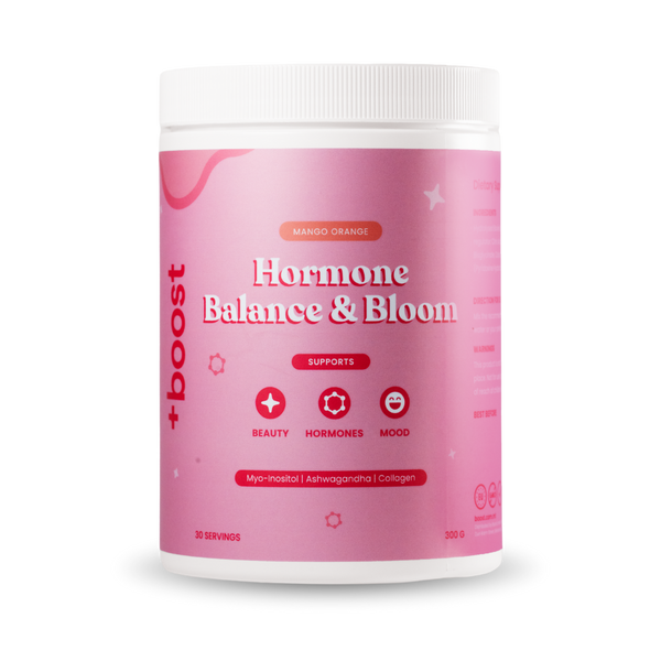+boost collagen supplement for hormone balance and bloom, showing a container of +boost hormone support collagen capsules.