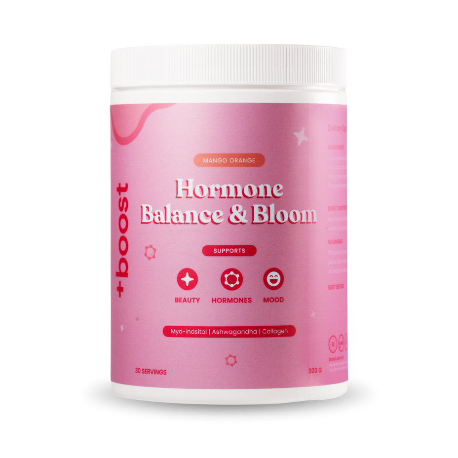 +boost collagen supplement for hormone balance and bloom, showing a container of +boost hormone support collagen capsules.