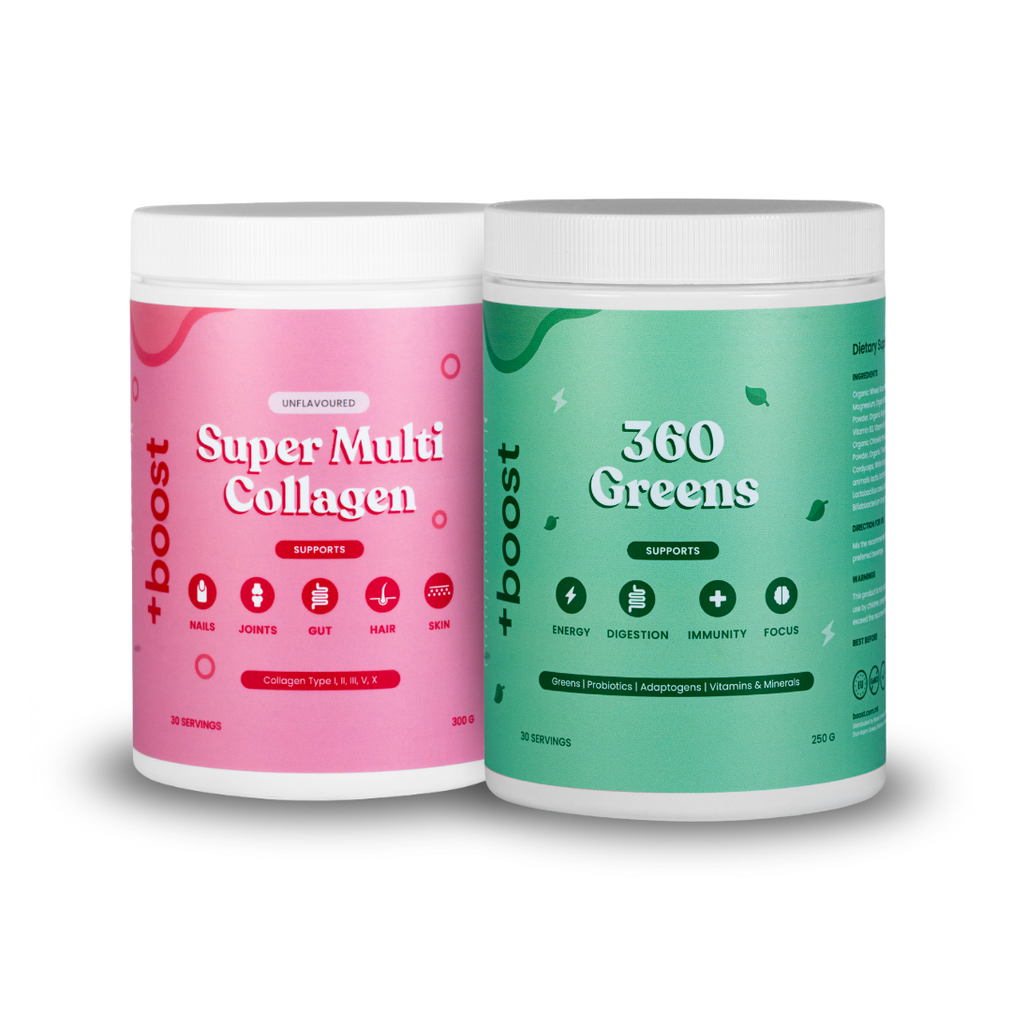 +boost 360 Collagen Bundle featuring multiple collagen bottles in a sleek package, showcasing health and beauty supplement products.