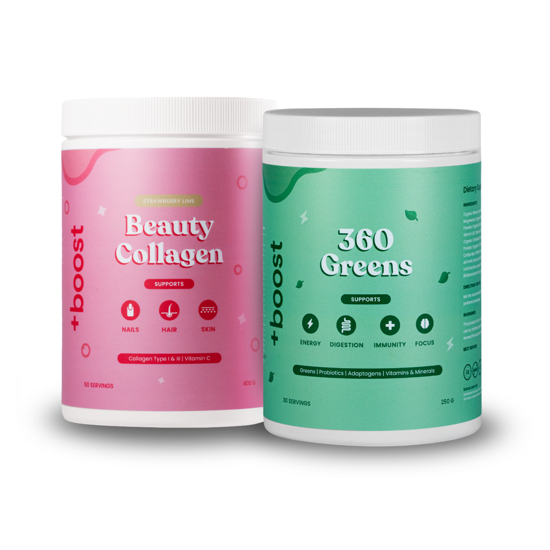 +boost 360 Beauty Collagen Bundle with multiple collagen supplements in sleek bottles, promoting skin health and youthful appearance.
