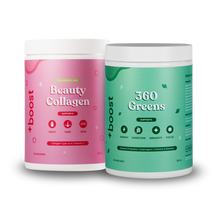 Plusboost 360 Beauty Collagen Bundle featuring collagen supplement bottles and beauty skincare products in a sleek, modern display.