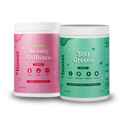 +boost 360 Beauty Collagen Bundle with multiple collagen supplements in sleek bottles, promoting skin health and youthful appearance.