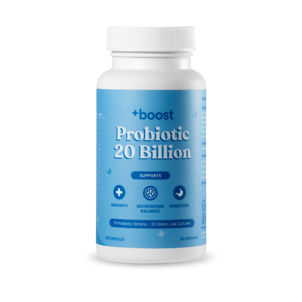 +boost Probiotic with 20 billion CFUs, showing the supplement bottle with capsules and label details.