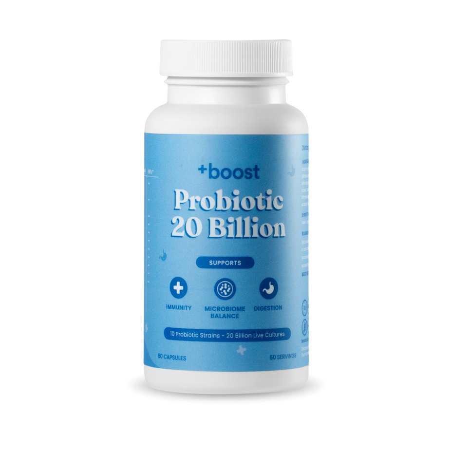+boost Probiotic with 20 billion CFUs, showing the supplement bottle with capsules and label details.