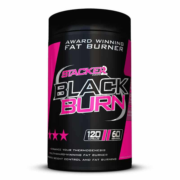 Stacker2 Black Burn dietary supplement container with black label and lid, featuring product branding and nutritional information.