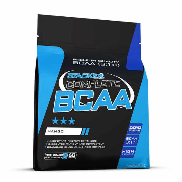 Stacker2 Complete BCAA mango flavor powder in a container, showcasing the vibrant label and product packaging.