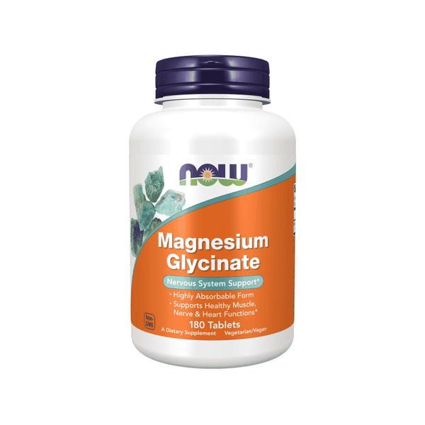 Bottle of Now Foods Magnesium Glycinate supplement with capsules visible on a plain background.