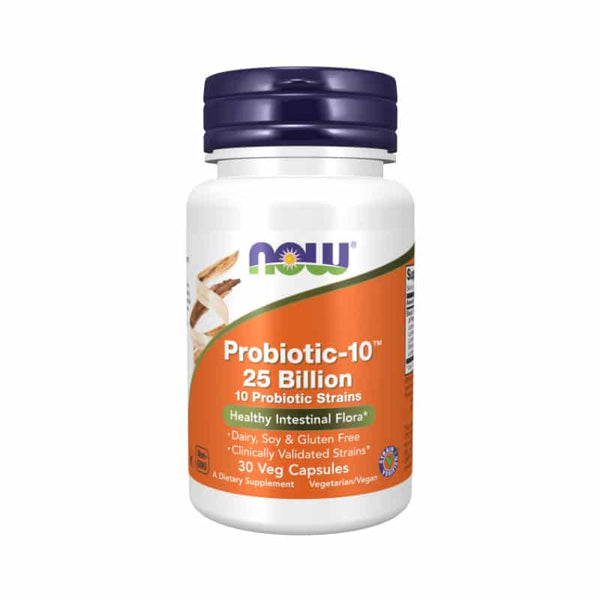 Now Foods Probiotic-10 supplement bottle with capsules, showing the label and branding on the container.