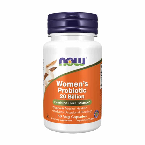 Now Foods Women's Probiotic 20 Billion Veg Capsules, close-up of the supplement bottle with capsules visible inside.
