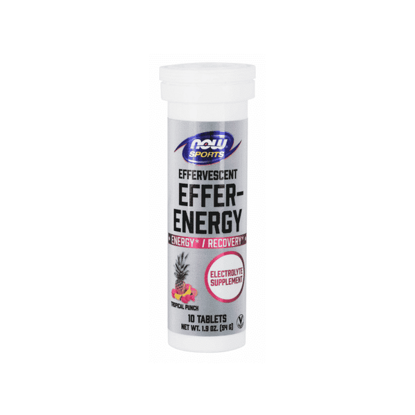 Now Foods Effer-Hydrate effervescent tablets in a blister pack, showing orange-flavored dietary supplement for hydration and electrolyte balance.