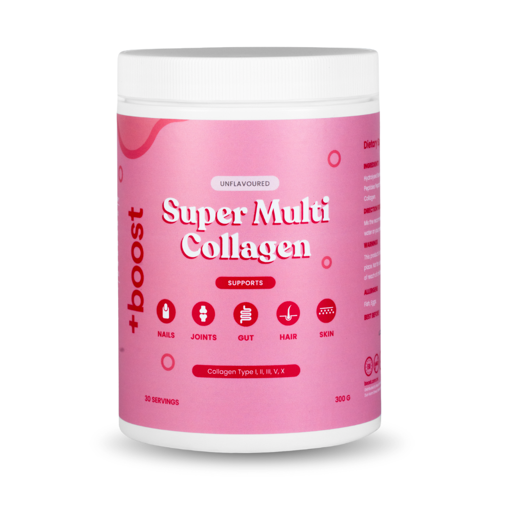 +boost Super Multi Collagen supplement container with scoop, showcasing collagen powder for skin and joint health in a bright setting.