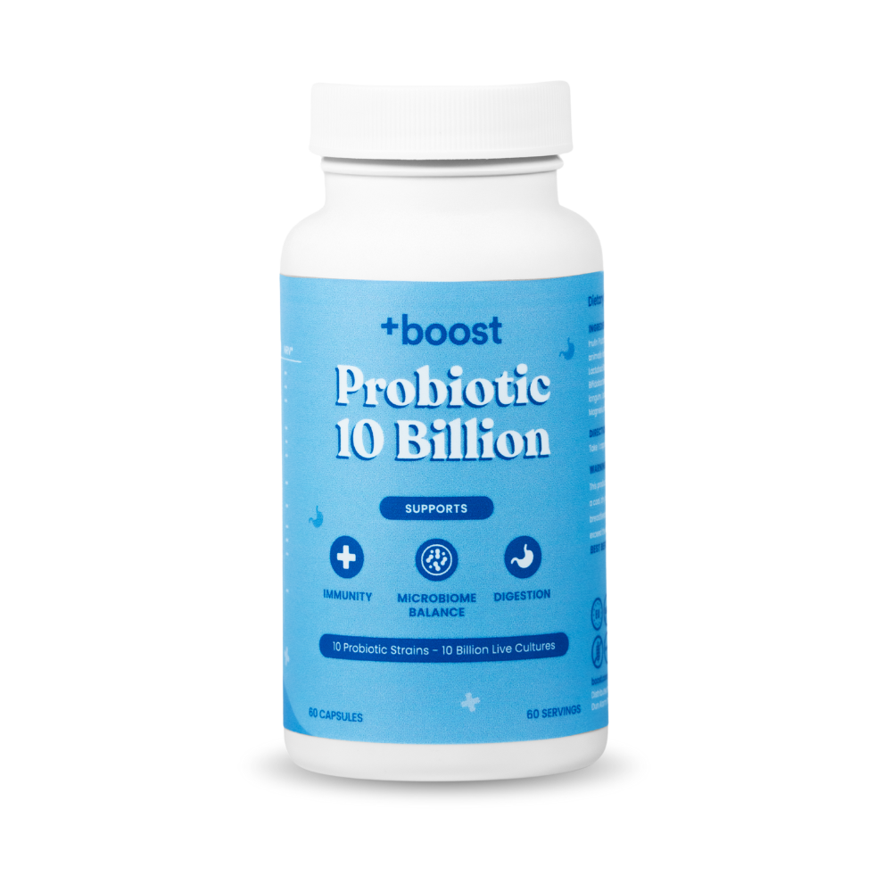 +boost Probiotic with 10 billion CFUs, showing the supplement bottle and label with probiotic capsules on a white background.