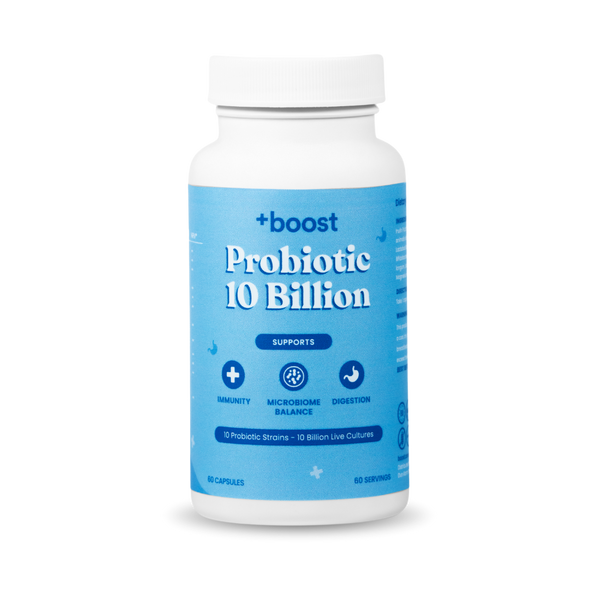 +boost Probiotic with 10 billion CFUs, showing the supplement bottle and label with probiotic capsules on a white background.