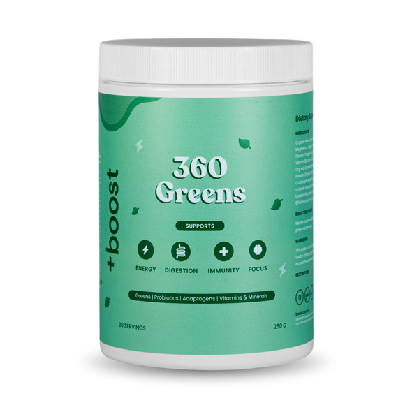 Image of +boost 360 Greens, a vibrant green powder supplement from +boost, displayed in a clear container with fresh greens.