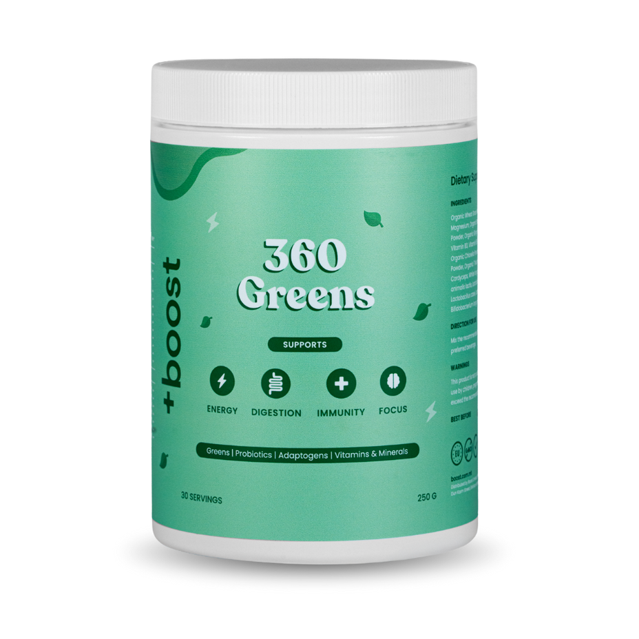 Image of +boost 360 Greens, a vibrant green powder supplement from +boost, displayed in a clear container with fresh greens.