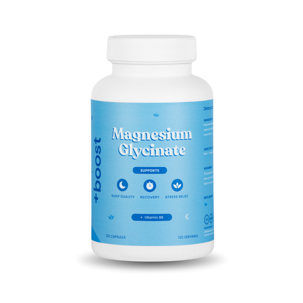 +boost Magnesium Glycinate supplement bottle with label, showing white tablets next to the container on a neutral background.