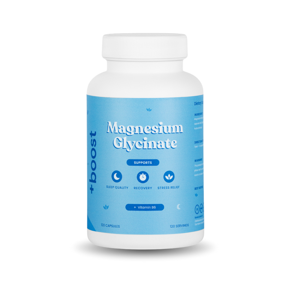 +boost Magnesium Glycinate supplement bottle with label, showing white tablets next to the container on a neutral background.