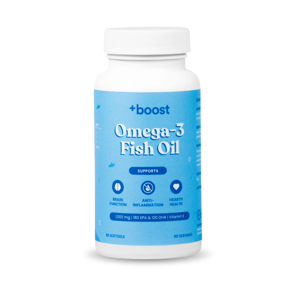 Bottles of +boost Omega-3 Fish Oil capsules, showing the +boost brand label and clear plastic containers with golden capsules inside.