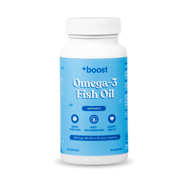 Bottles of +boost Omega-3 Fish Oil capsules, showing the +boost brand label and clear plastic containers with golden capsules inside.