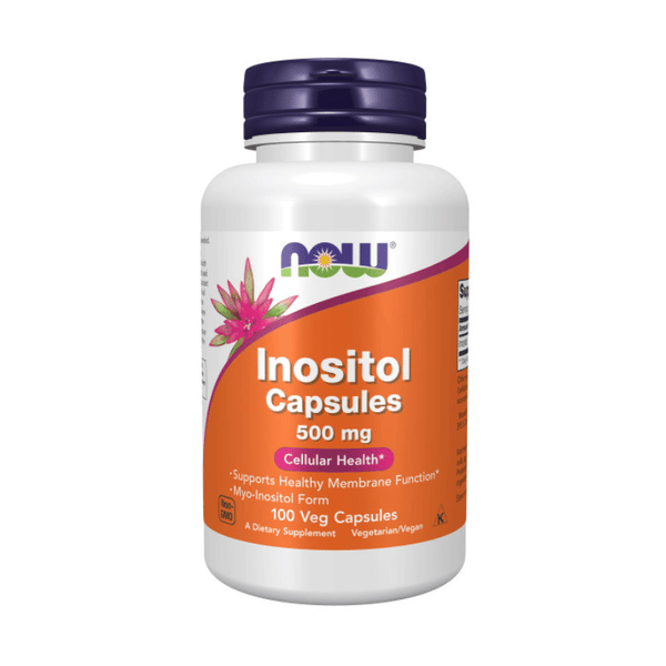 Bottle of Now Foods Inositol 500mg dietary supplement with white label and green cap, showing the product label and cap.