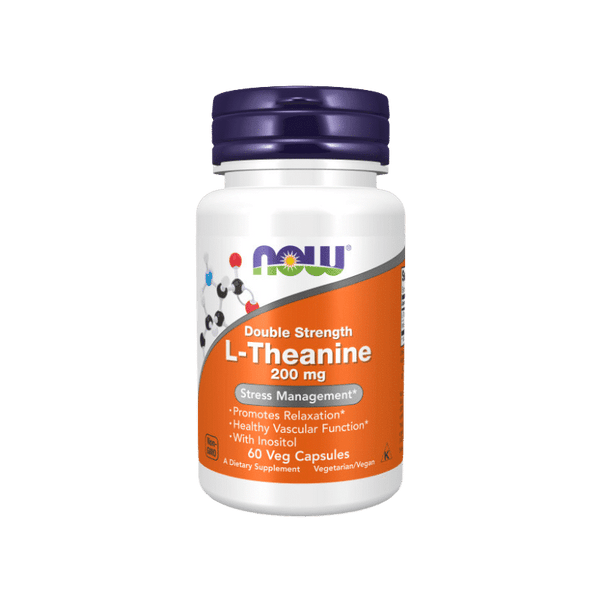 Now Foods L-Theanine supplement bottle with label showing 200mg double strength capsules, natural dietary supplement for relaxation.