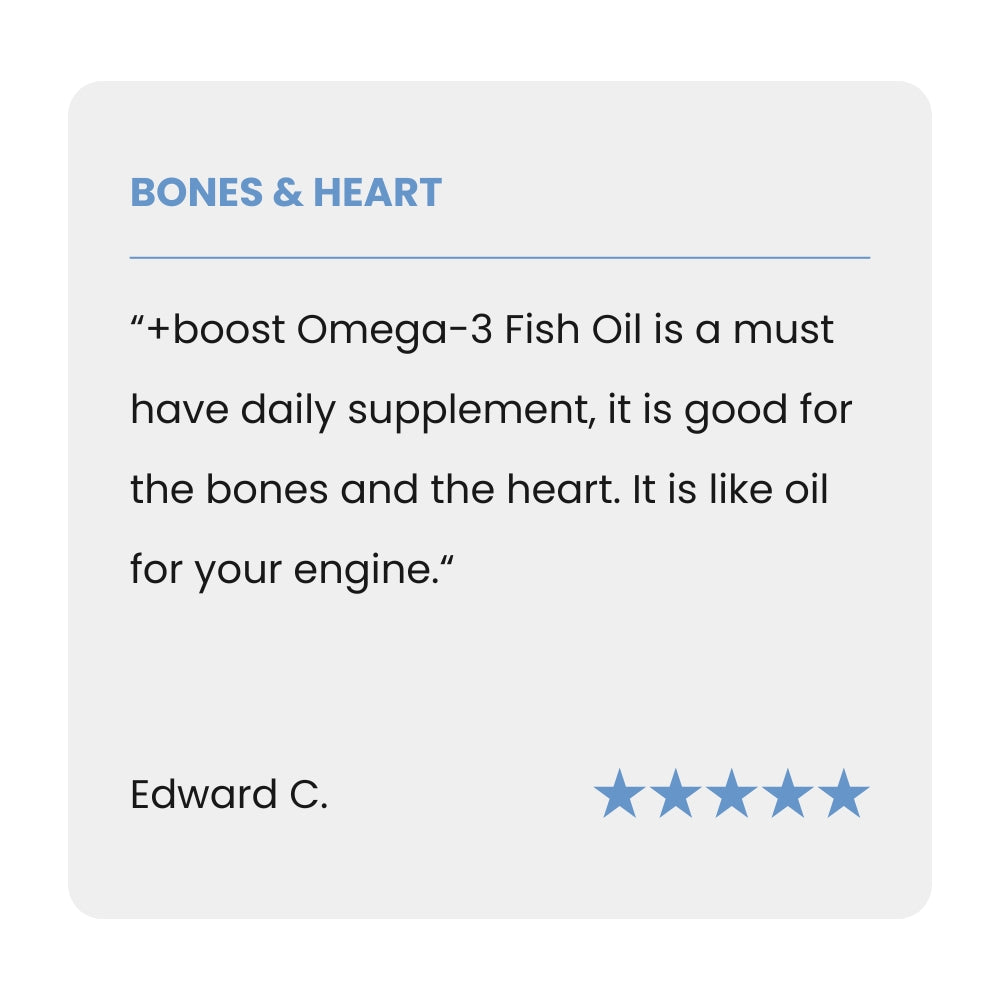 +boost Omega-3 Fish Oil capsules in a bottle, highlighting omega-3 supplement for heart and brain health.