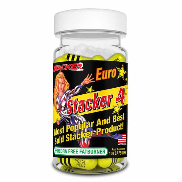 Stacker2 4 Fatburner supplement bottle with label, showing dietary supplement for fat burning and weight management.
