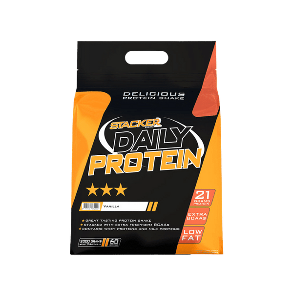 Stacker2 Daily Whey Protein in vanilla flavor, 2kg container with a scoop of protein powder on a white background.