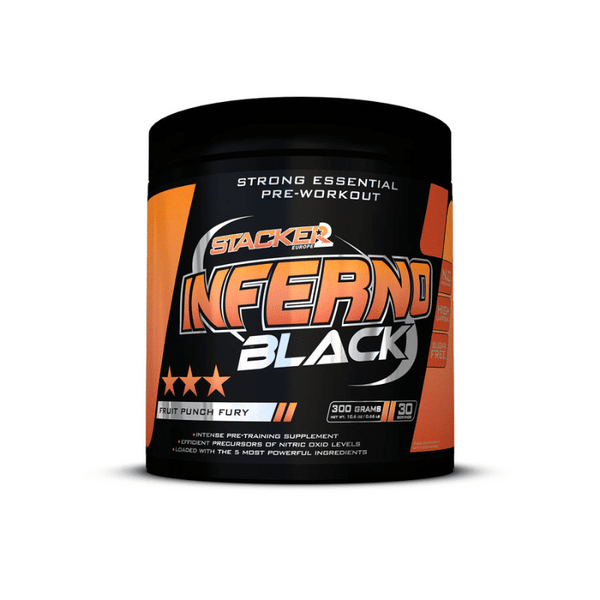 Black Stacker2 Inferno pre-workout supplement container with label and branding, designed for workout energy and focus.