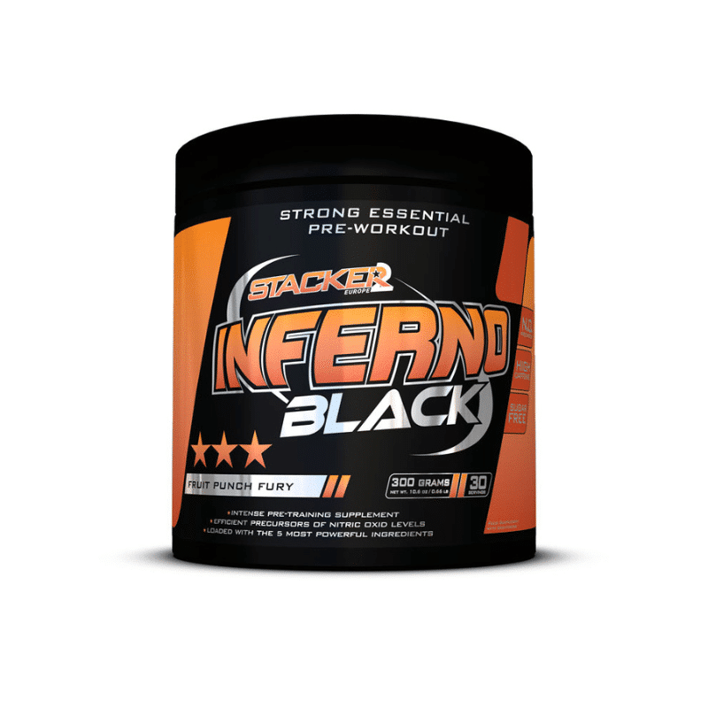Black Stacker2 Inferno pre-workout supplement container with label and branding, designed for workout energy and focus.