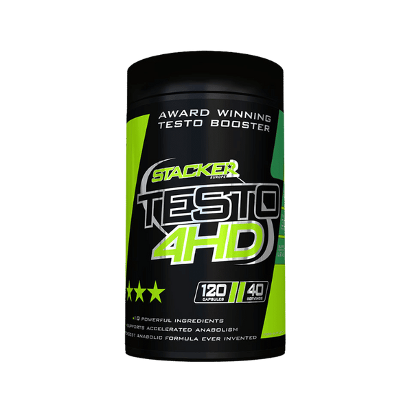 Stacker2 Testo 4HD supplement bottle with label showing dietary supplement for muscle support and energy.