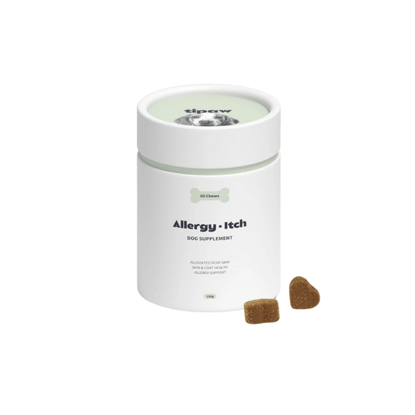 Tipaw Allergy and Itch Supplements for Dogs in a bottle, natural pet health care product from Tipaw for allergy relief.