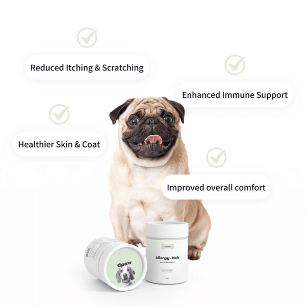Tipaw Allergy & Itch Supplements for Dogs, pet supplement bottles with labels and capsules on a white background.