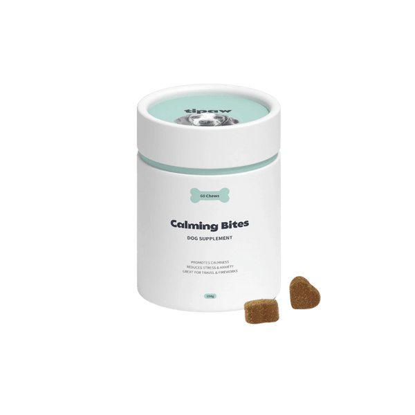Tipaw calming supplements for dogs in a clear container, designed to promote relaxation and reduce stress in pets.
