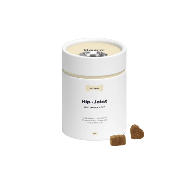 Tipaw Hip & Joint supplement for dogs, showing a container of Tipaw dog joint support chews on a white background.