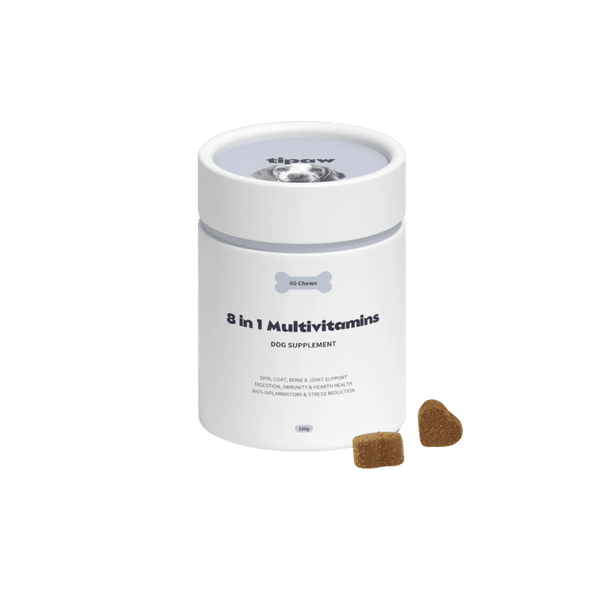 Tipaw 8-in-1 multivitamin supplement for dogs showing the supplement bottle with colorful tablets inside.