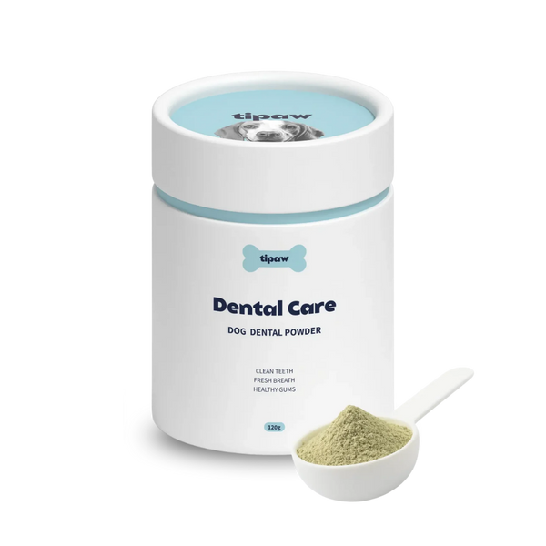 Tipaw Dental Care Powder for Dogs, pet dental health product in a white container with measuring scoop, designed for canine oral hygiene.