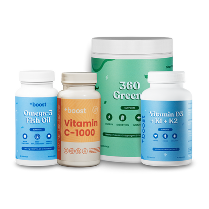Total Gut & Immune Defence Bundle by +boost showing supplement bottles and packaging for digestive and immune health support.