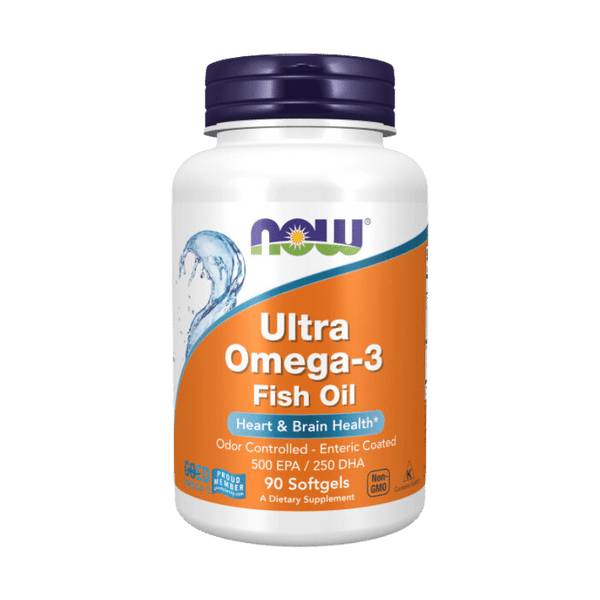 Now Foods Ultra Omega 3 Fish Oil bottle with capsules, showing the supplement's label and packaging.