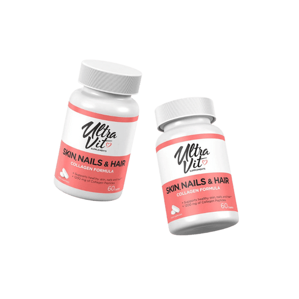 VPLAB Skin, Nails & Hair supplement bottle with capsules, showing the product label and capsules inside.